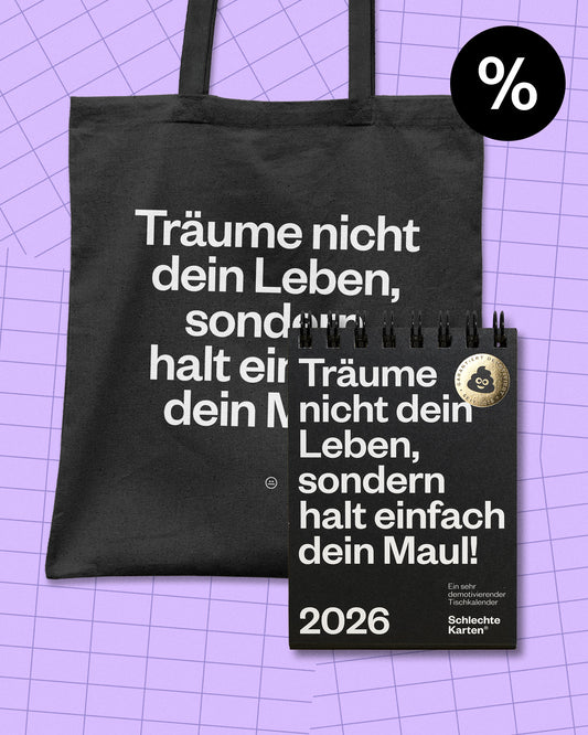 Abf%ck-Kauf – Demotivierender Tischkalender & Stoffbeutel